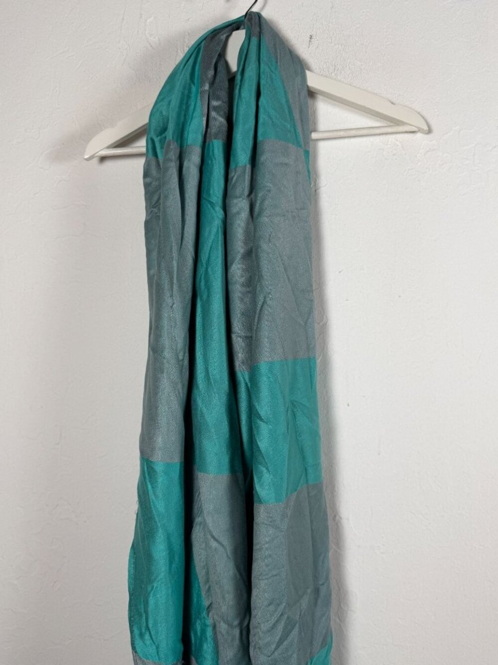 Bella Scarf Florence Italy Silky Gray Teal Colorblock Scarf Wrap 70x26 Fringe
